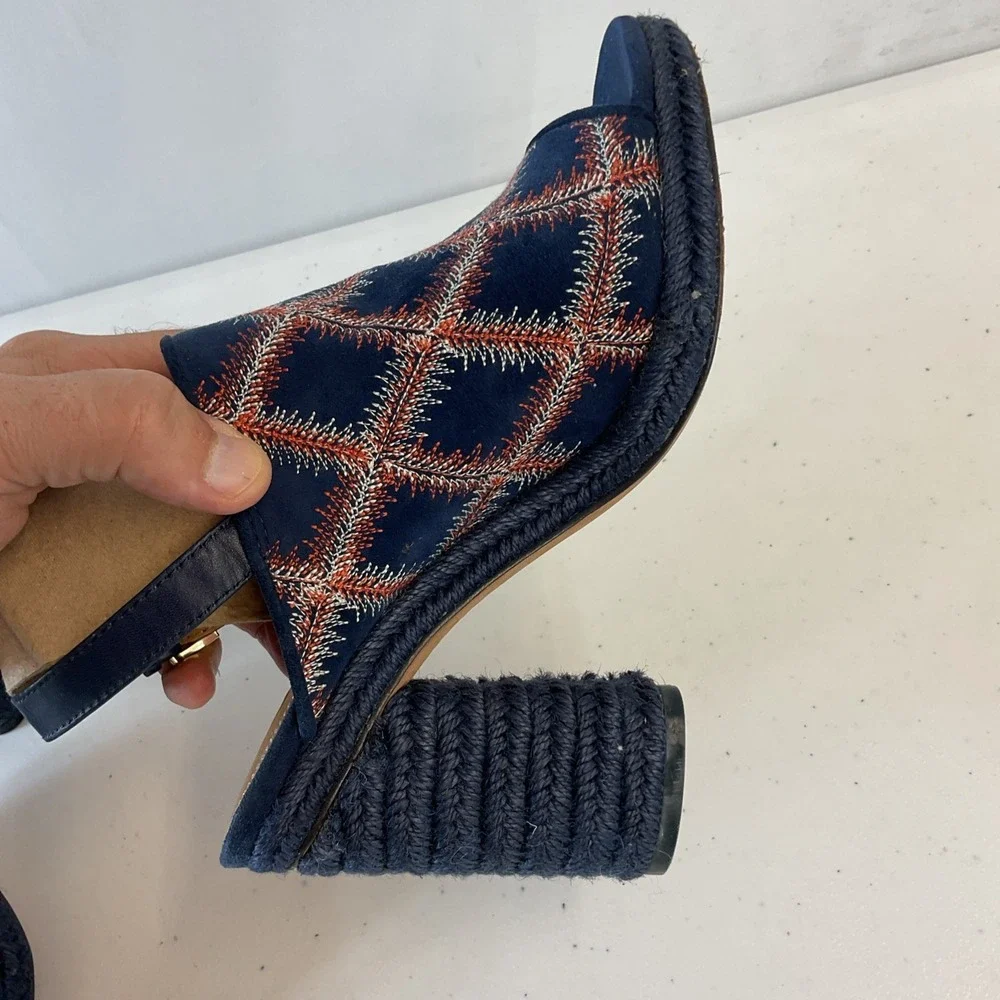 Tory Burch Trinity‎ suede embroidered Espadrille sandals heels Size 7.5 blue